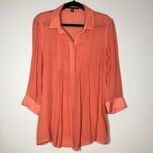 Coral orange tunic top 3/4 length sleeve pleat front shiny boho hippie size M
